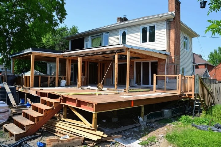 Freestanding ground-level floating deck installed to expand usable backyard outdoor space.