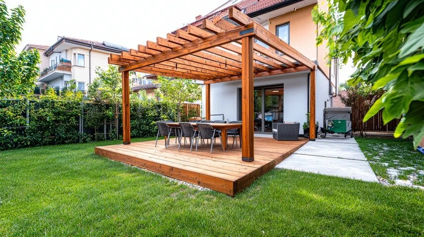 Custom functional outdoor patio design in Marietta featuring stylish furniture, plants, and ergonomic layout.
